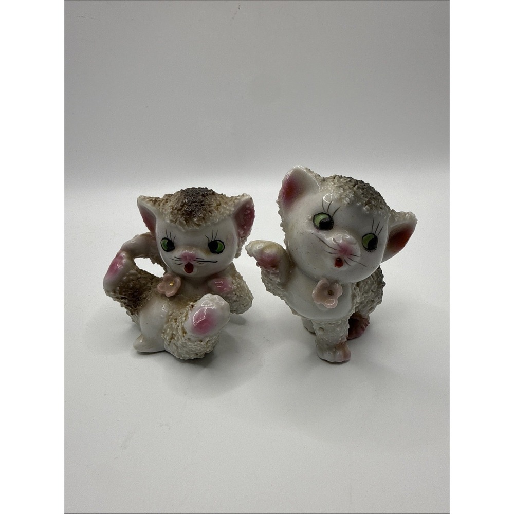 Spaghetti Cat Kitten Pair Hand Painted Japan Decor Curio VTG Sugar Glaze
